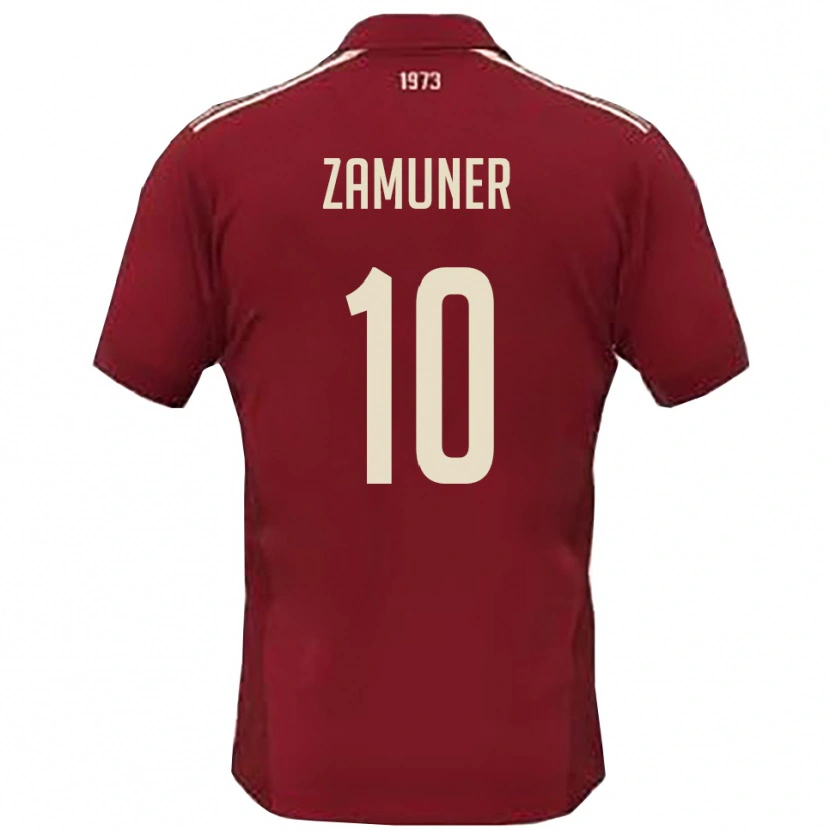 DanxenキッズMattia Zamuner#10バーガンディと白ホームシャツ2025/26ジャージーユニフォーム