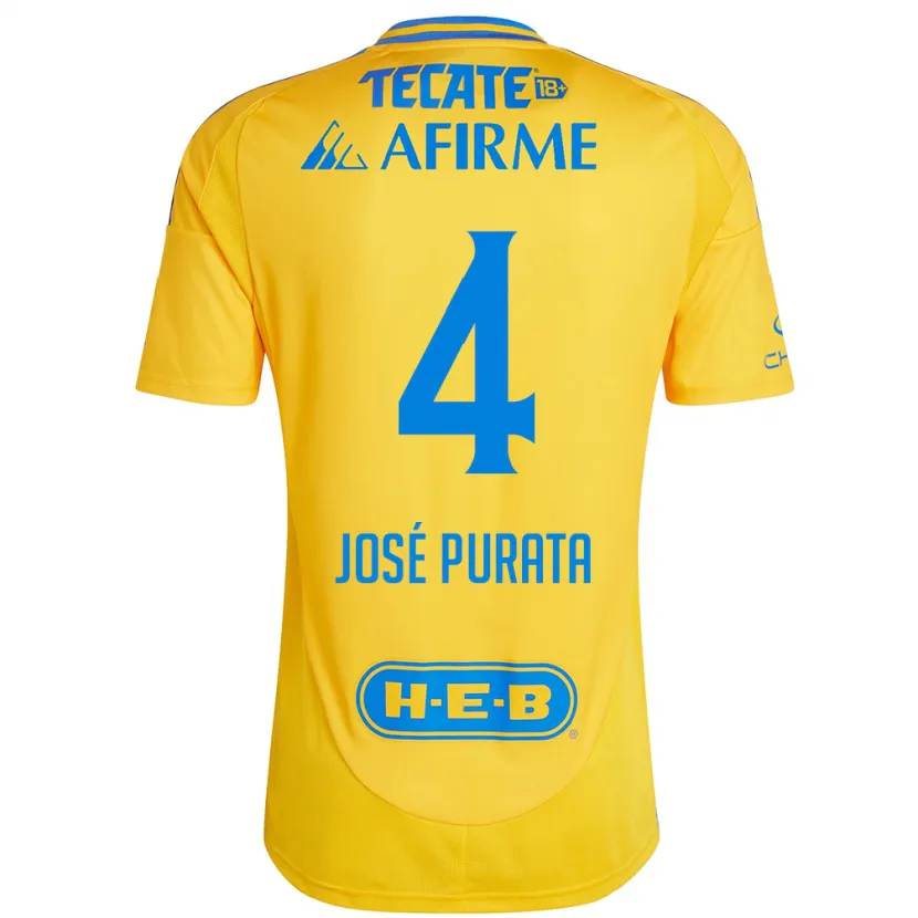 DanxenレディースJuan José Purata#4ゴールドイエローホームシャツ2024/25ジャージーユニフォーム